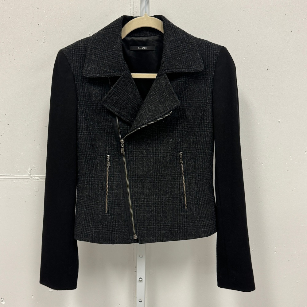 Tahari Women's Plaid Wool Blend Moto Jacket Black Gray Mixed‎ Media MR87X103